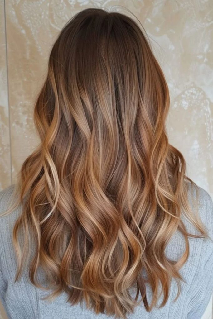 Butterscotch ribbon highlights throughout wavy hair.