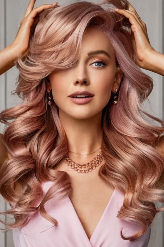 Butterscotch rose gold hair with waves.