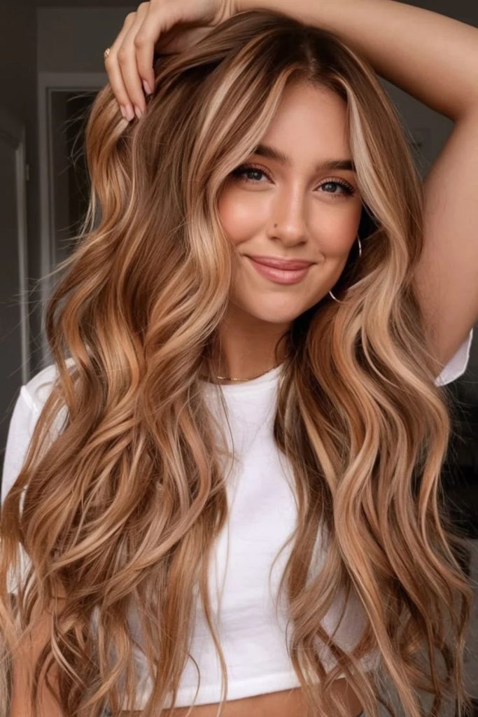 Butterscotch strawberry blonde with peachy undertones.