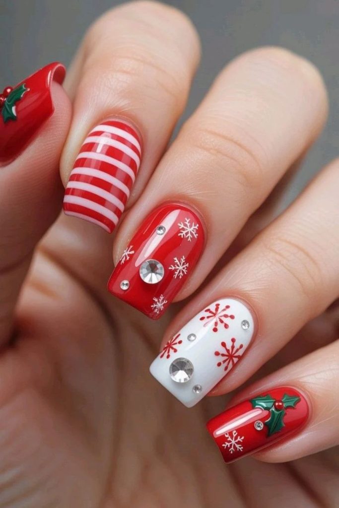 Candy cane stripes with colorful poinsettia flowers.