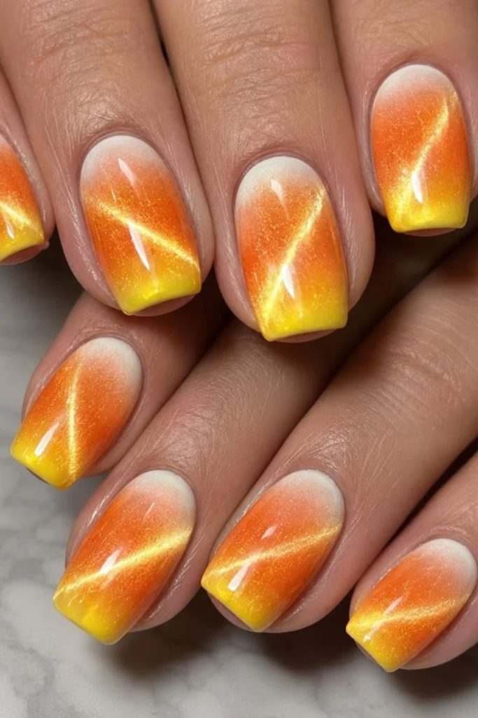 Metallic chrome candy corn Halloween nails.