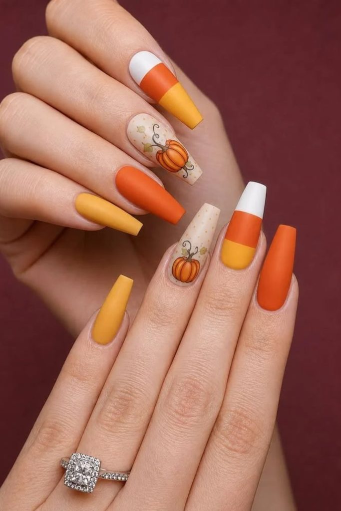 Metallic chrome candy corn Halloween nails.