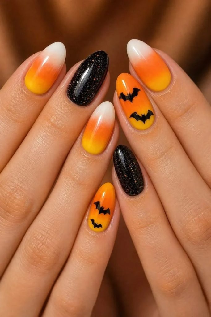 Candy corn nails with tiny black bats.