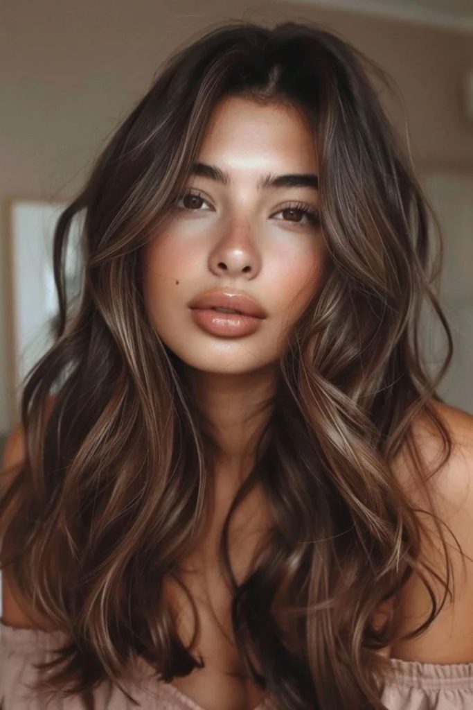 Caramel mocha hair with warm swirls.