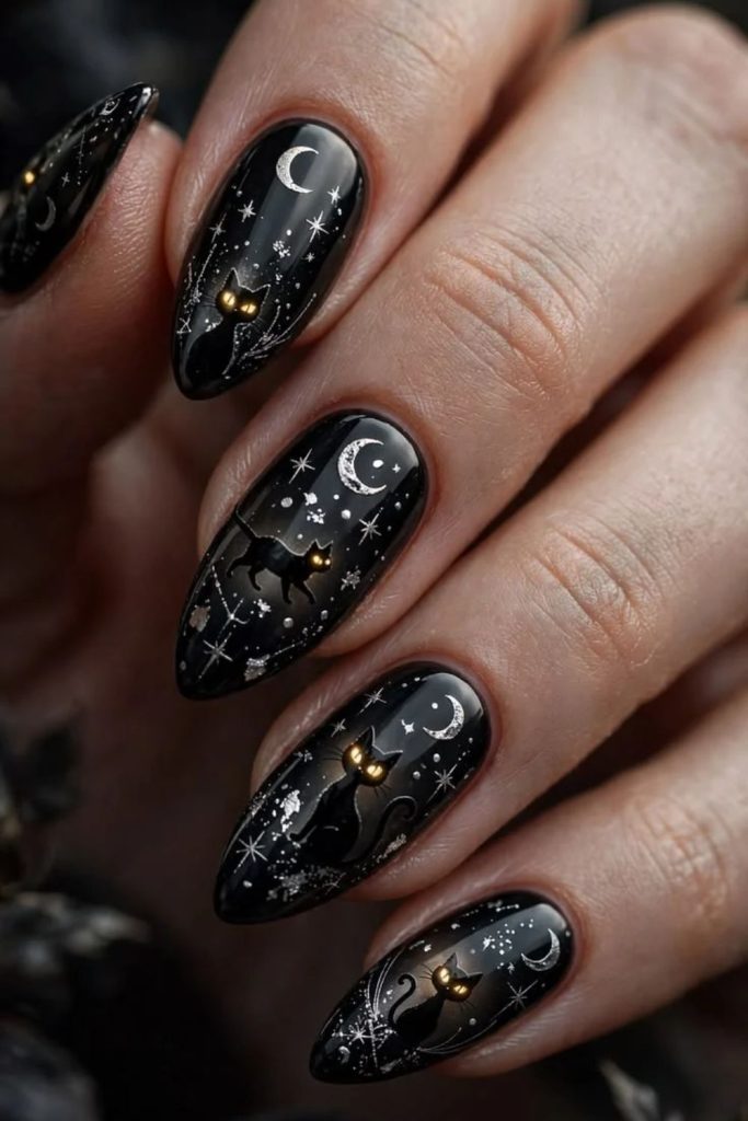 Celestial witch black cat nails