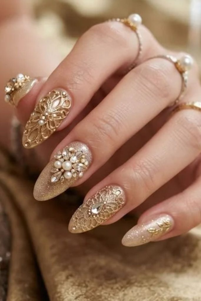 Champagne Bridal Nails with Elegant Golden Shimmer.