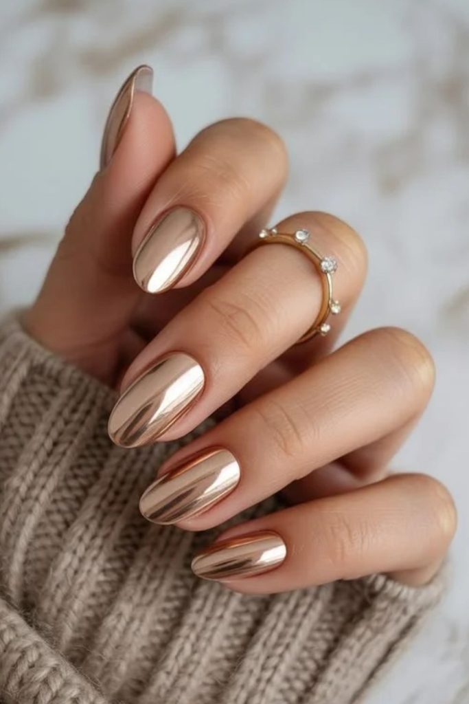 Champagne Chrome Mirror Nails with Metallic Shine.