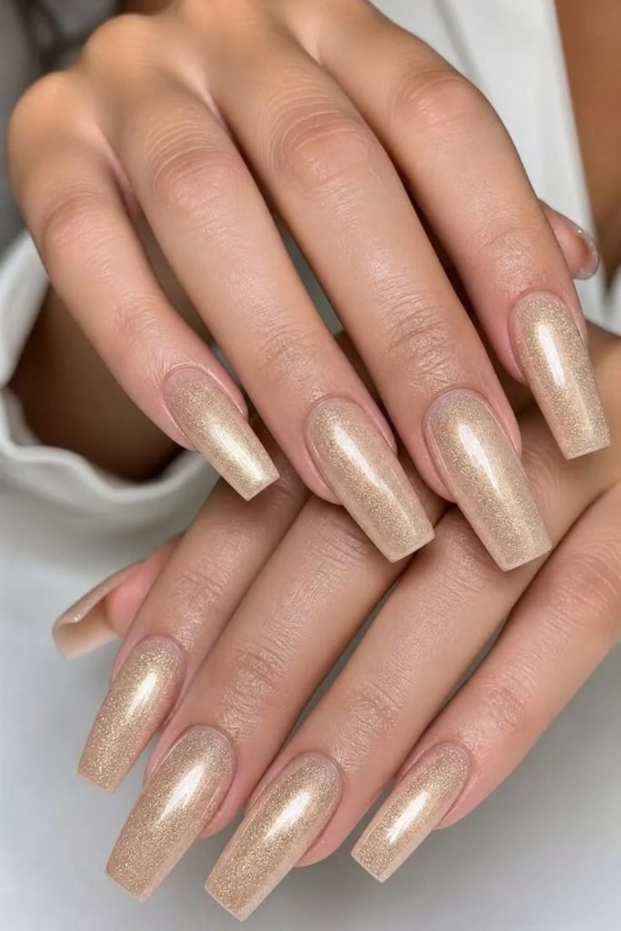 Champagne Coffin Nails with Full Glitter Coverage.