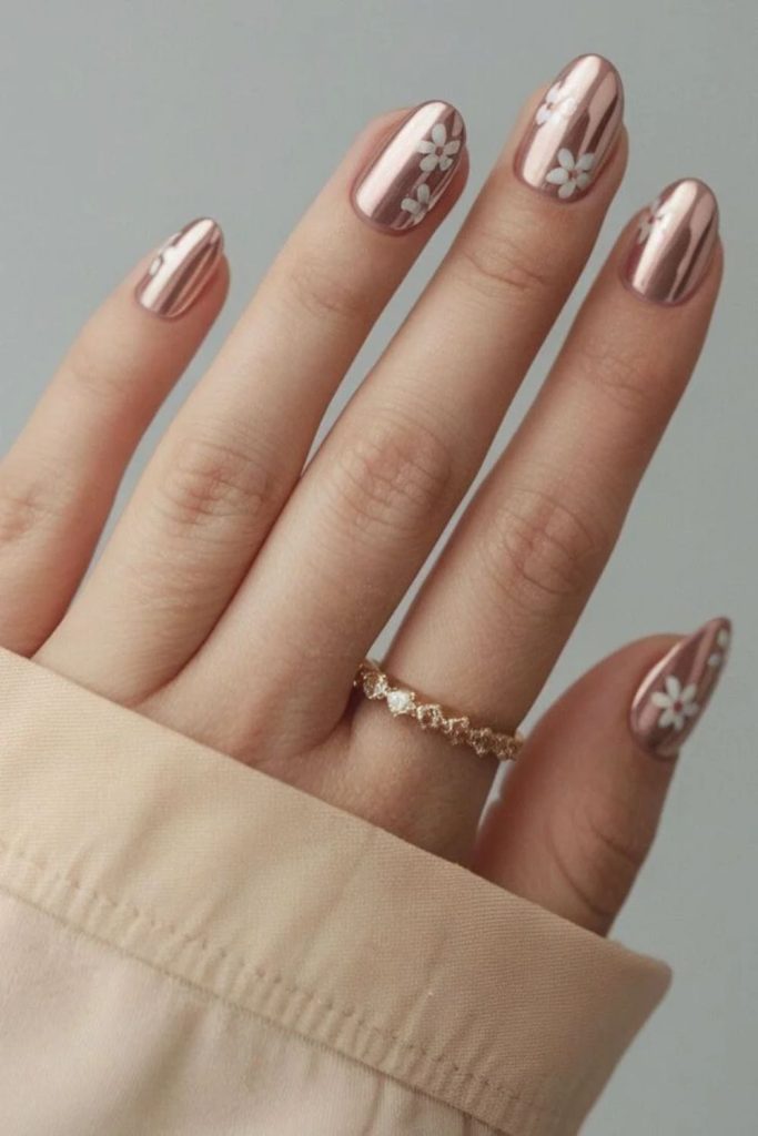 Champagne Floral Nails with Delicate Blossom Details.