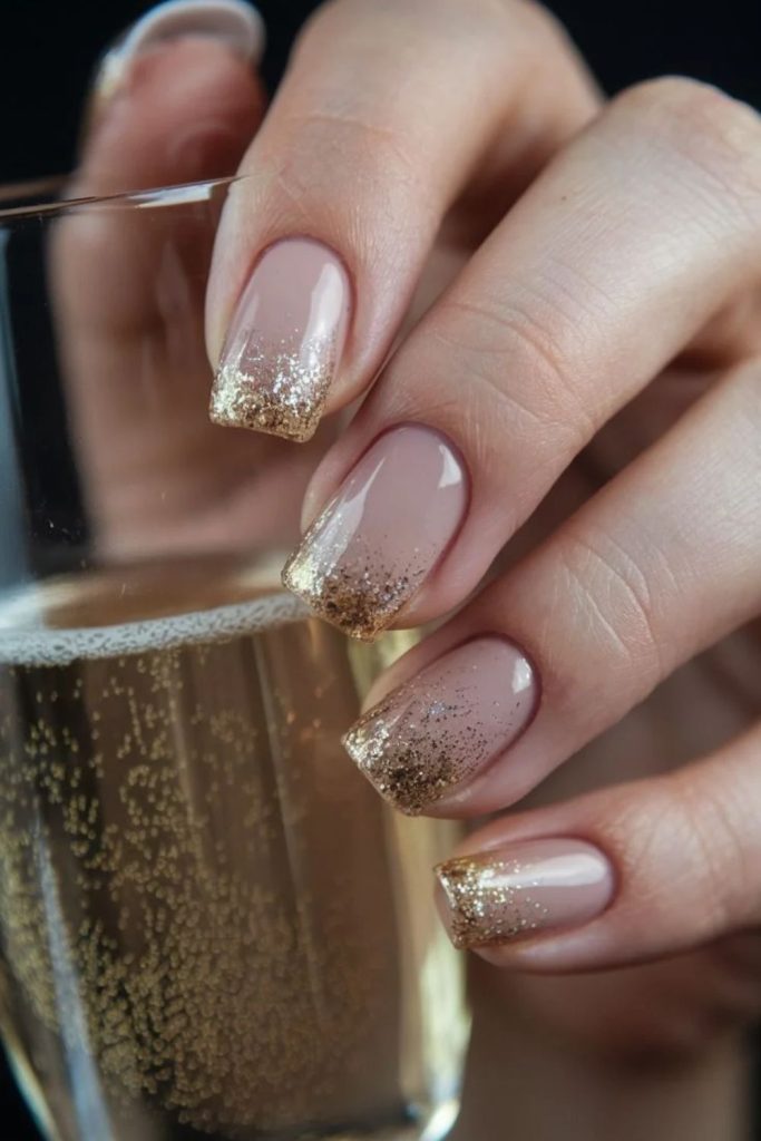 Champagne Glitter Ombre Nails with Sparkling Tips.