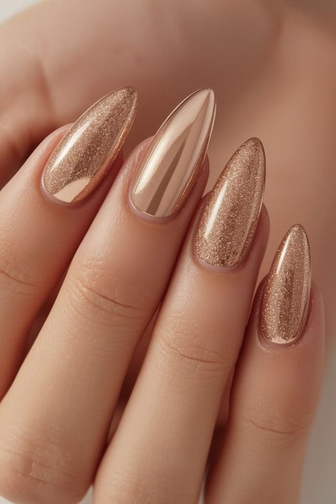 Champagne Holographic Nails with Rainbow Sparkle.