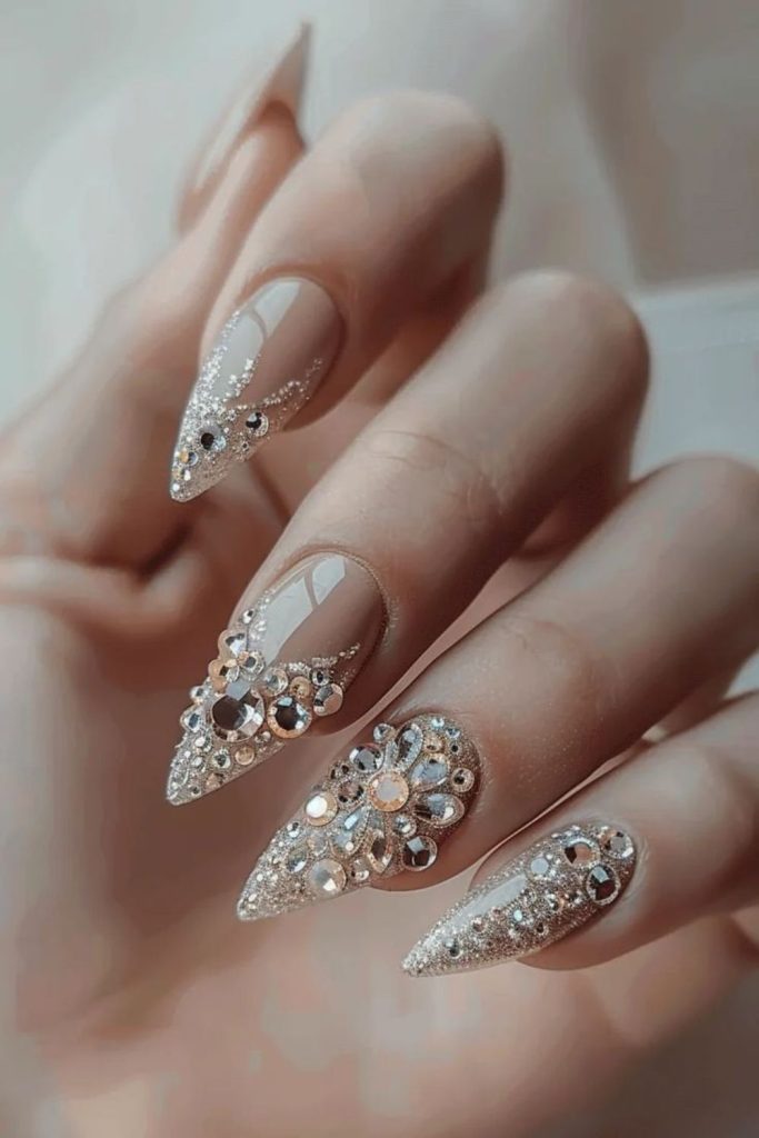 Champagne Rhinestone Nails with Glamorous Crystal Accents.