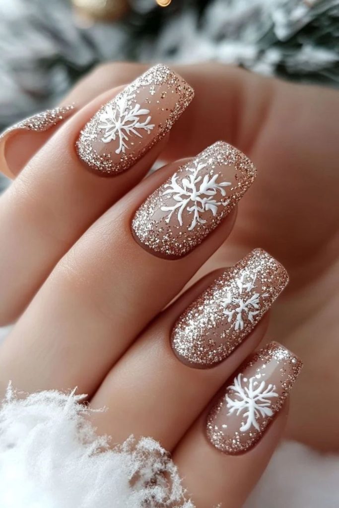 Champagne gold snowy winter ski nails.