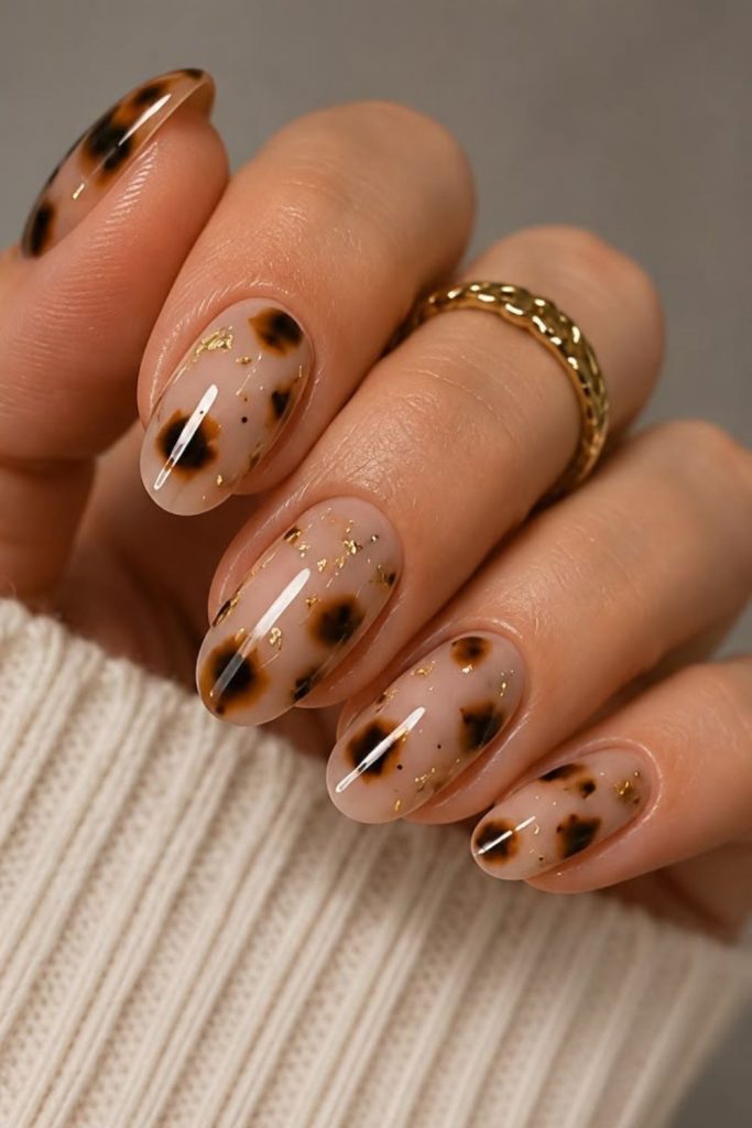 Champagne Tortoiseshell Nails with Caramel Patterns.