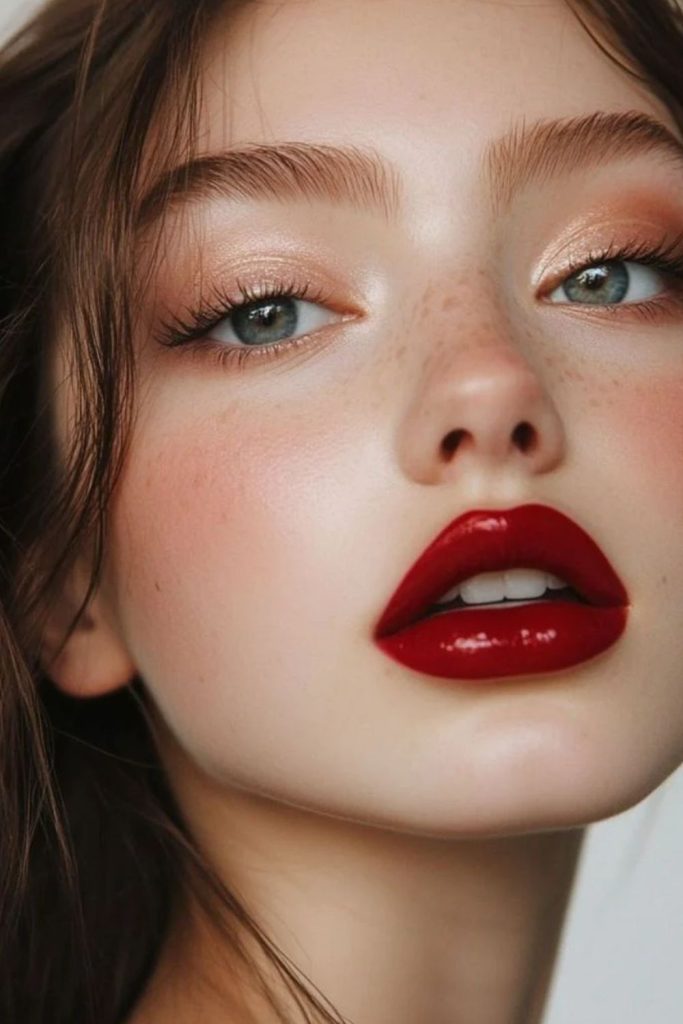 Minimalist cherry cola makeup with dark glossy lips.