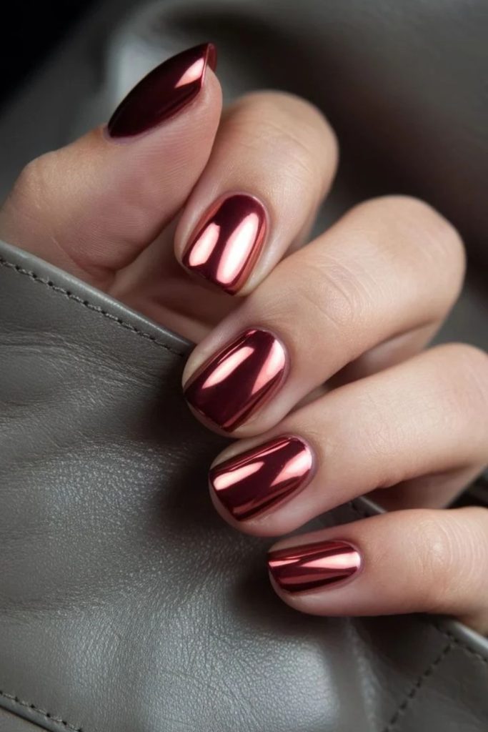 Metallic cherry mocha chrome nail design.