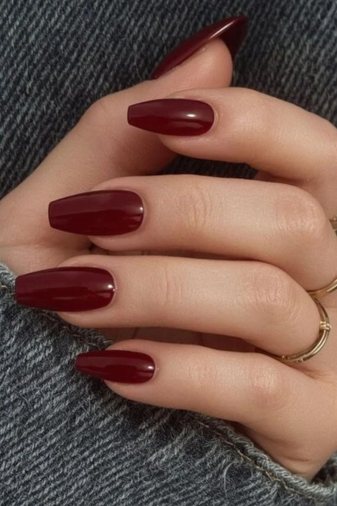 Cherry mocha coffin shaped nail design.