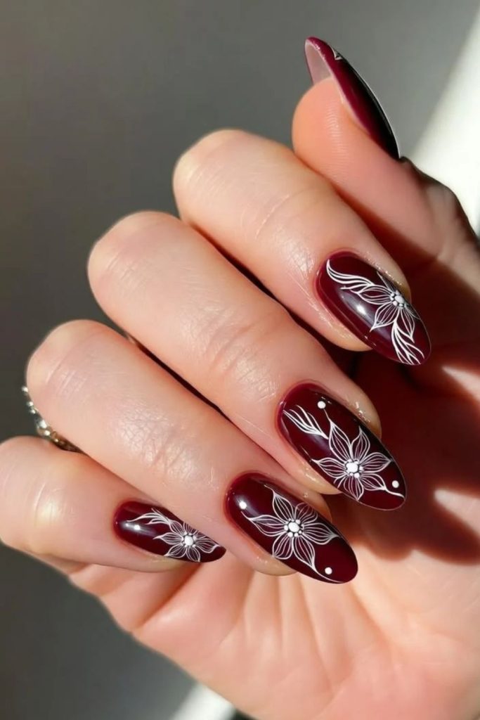 Cherry mocha floral blossom nail art.
