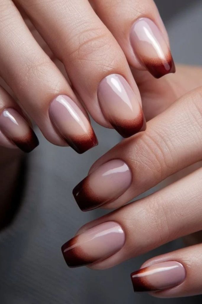 Cherry mocha French ombre almond nails.