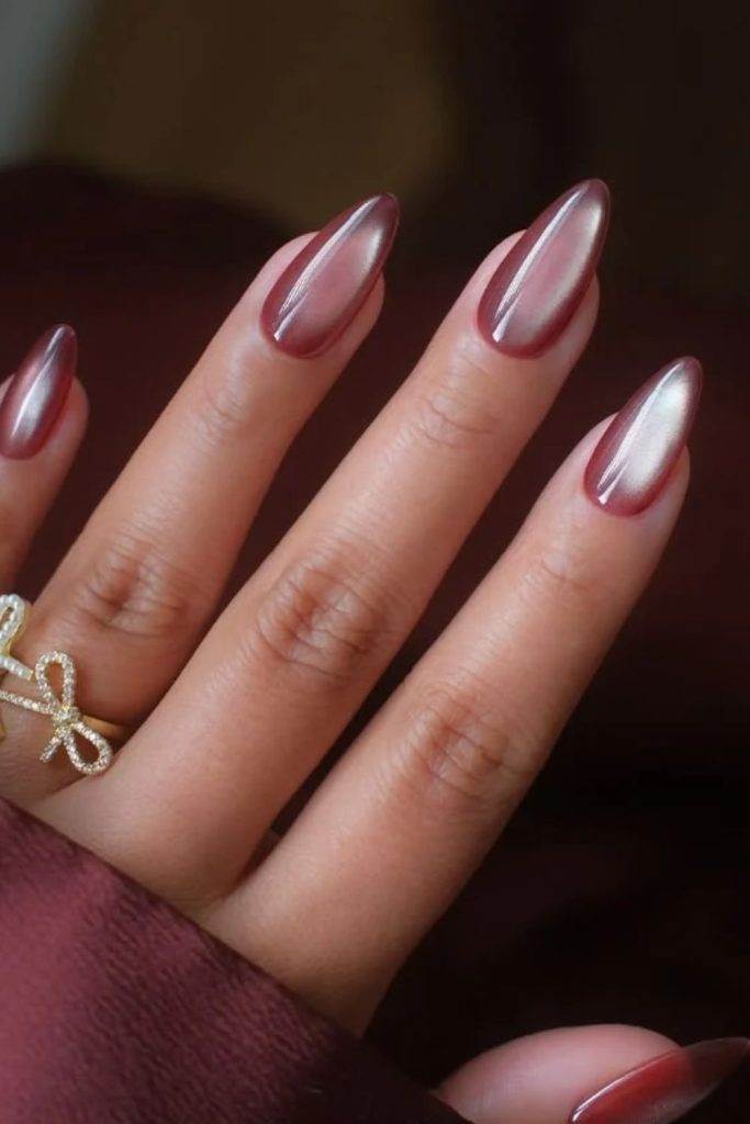 Glazed cherry mocha pearlescent almond nails.