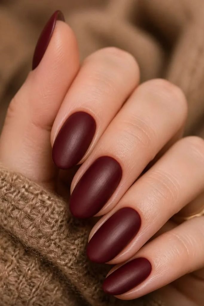 Matte cherry mocha minimalist nail design.