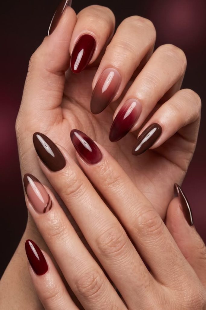 Multicolored cherry mocha skittle nail design.