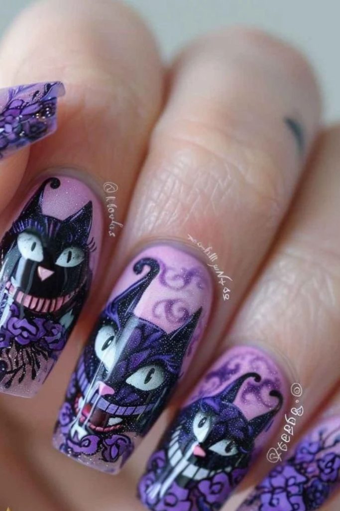 Cheshire-inspired midnight cat nails