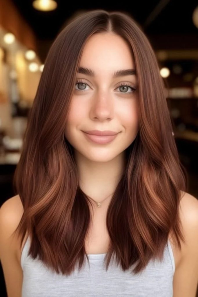 Chestnut auburn brown fusion hairstyle