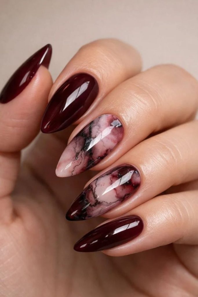 Chocolate cherry marble effect nail art.