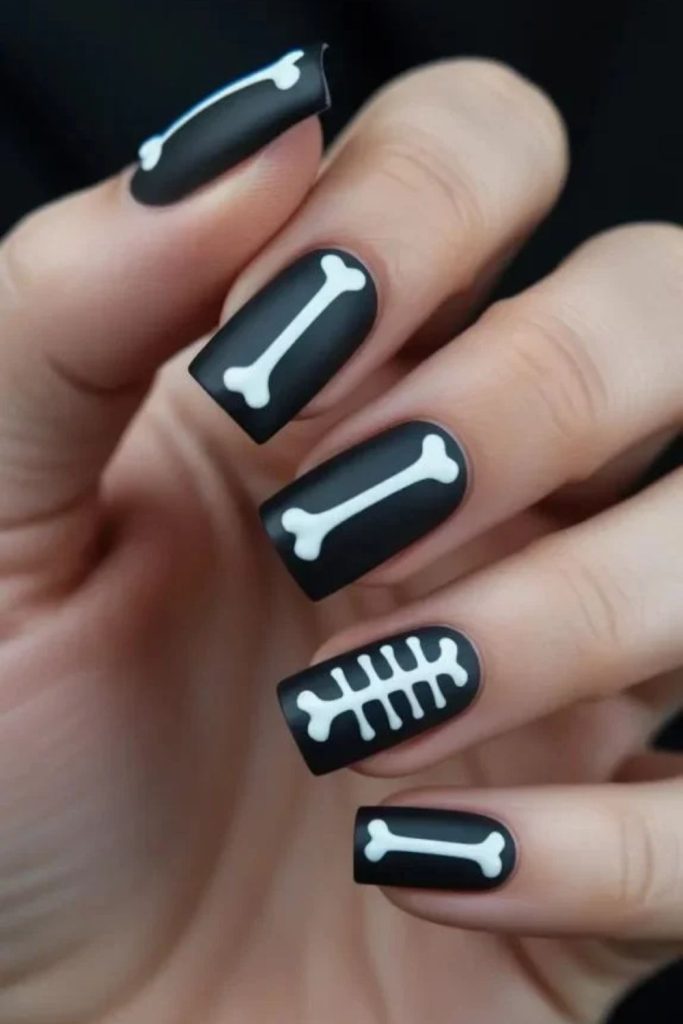 Classic Black and White Skeleton Nails with Detailed Bone Art