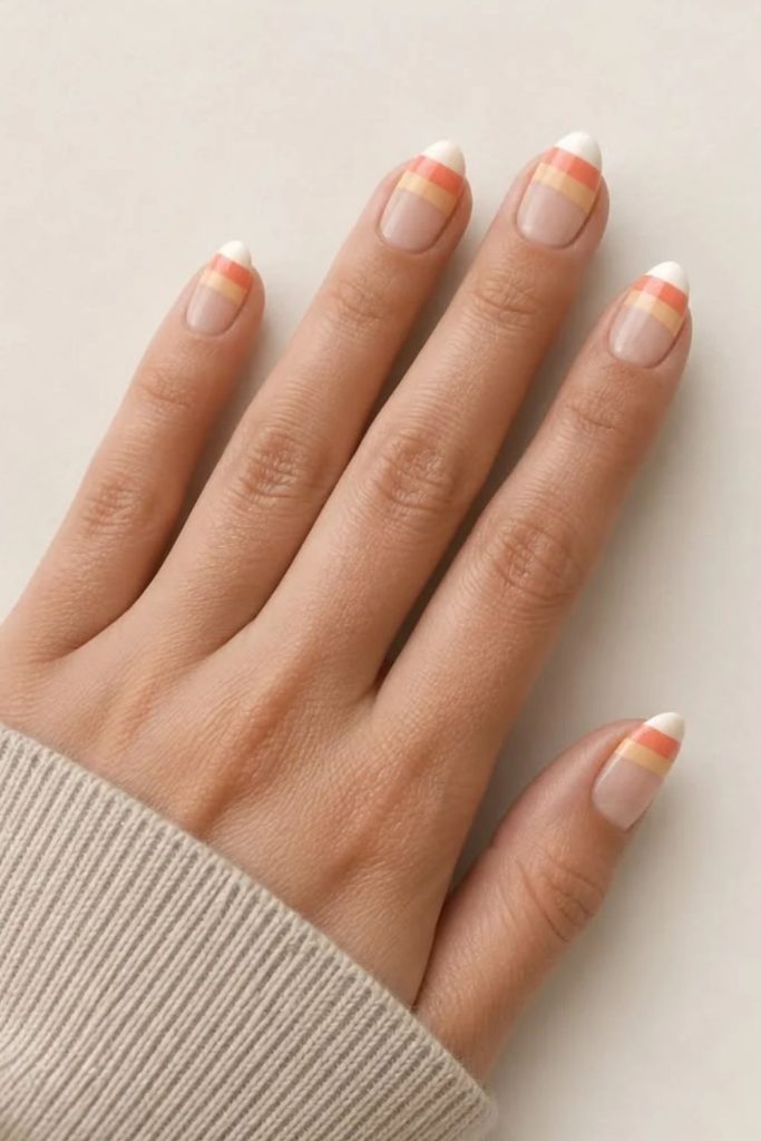 Classic candy corn nails with striped tips.