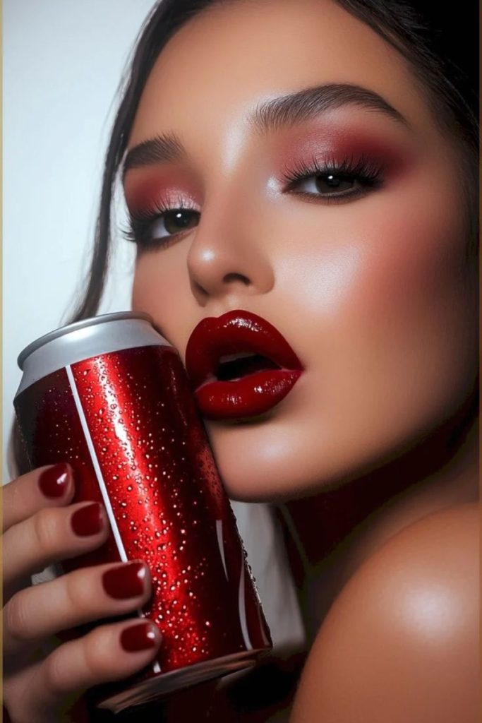 Classic cherry cola glossy makeup look.
