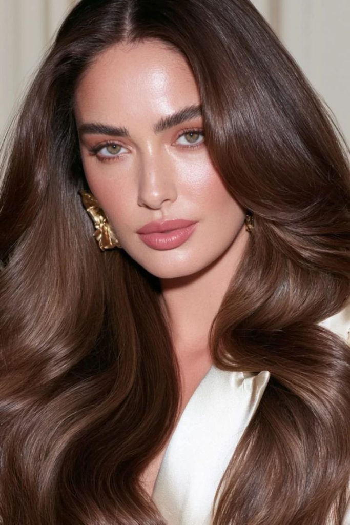 Classic mocha brown hair with glossy finish.