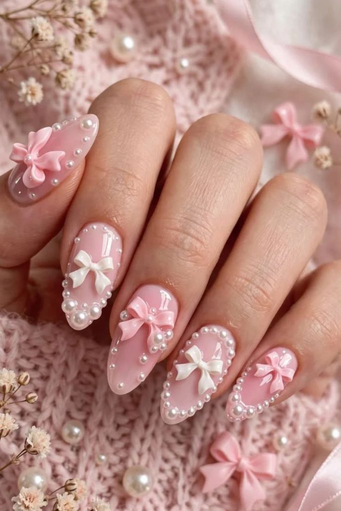 Classic pink coquette nails with delicate bows.