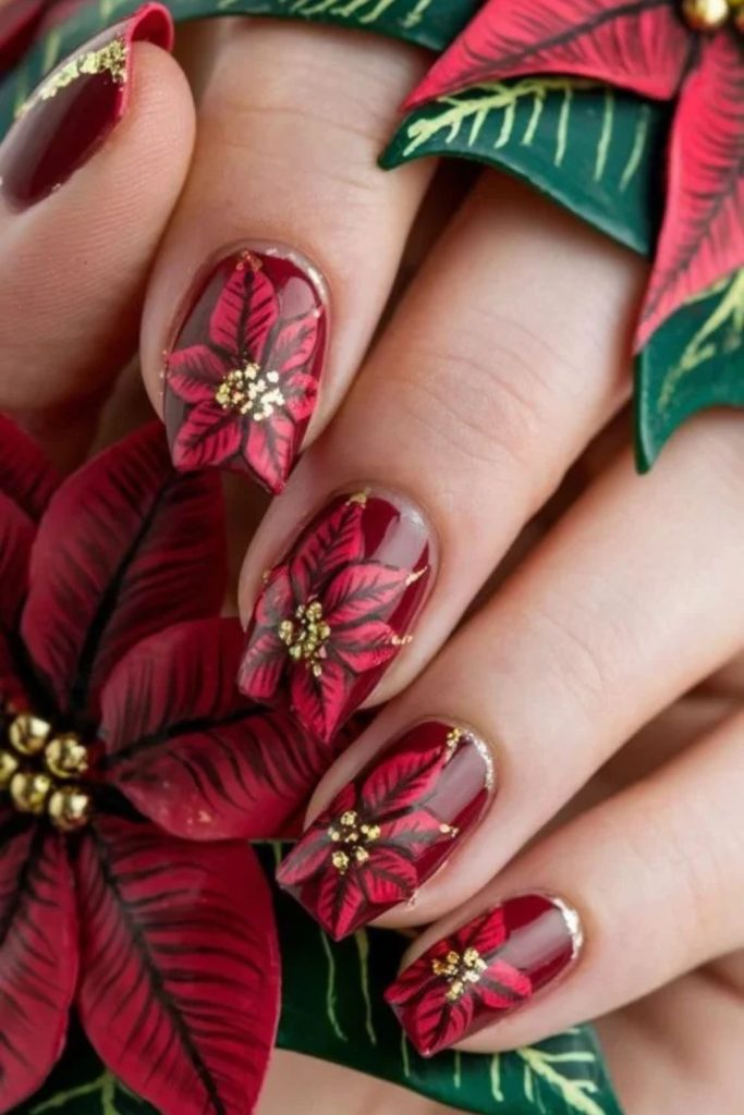 Classic red poinsettia flowers with golden centers.
