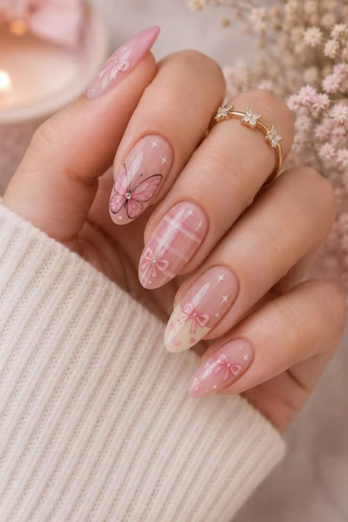 Butterfly coquette nails with delicate ribbon accents.