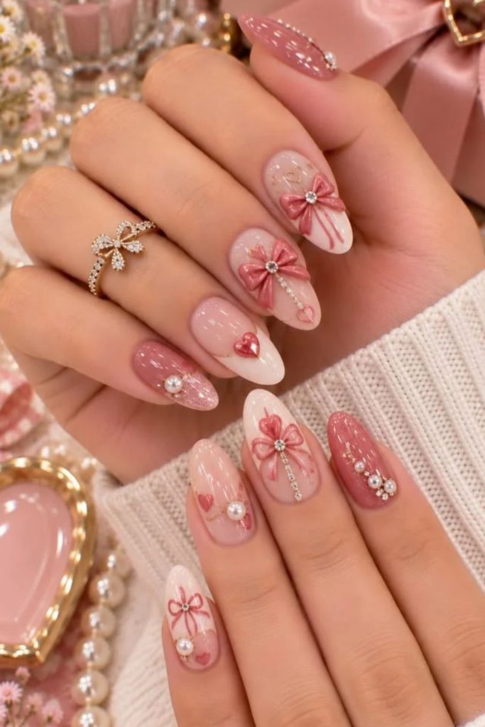 Butterfly bow coquette nails with pastel accents.