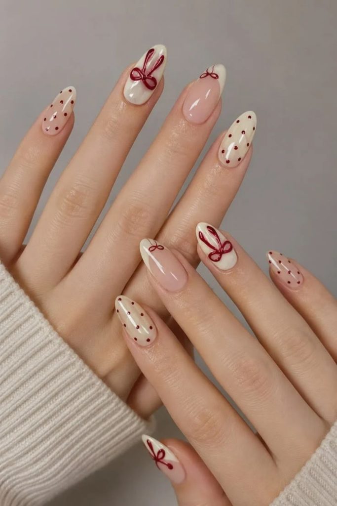 Pink coquette nails with miniature heart accents.