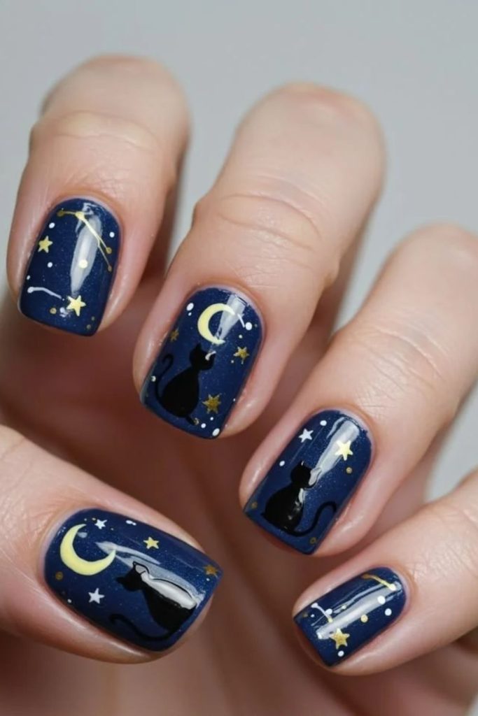 Cosmic black cat constellation nails