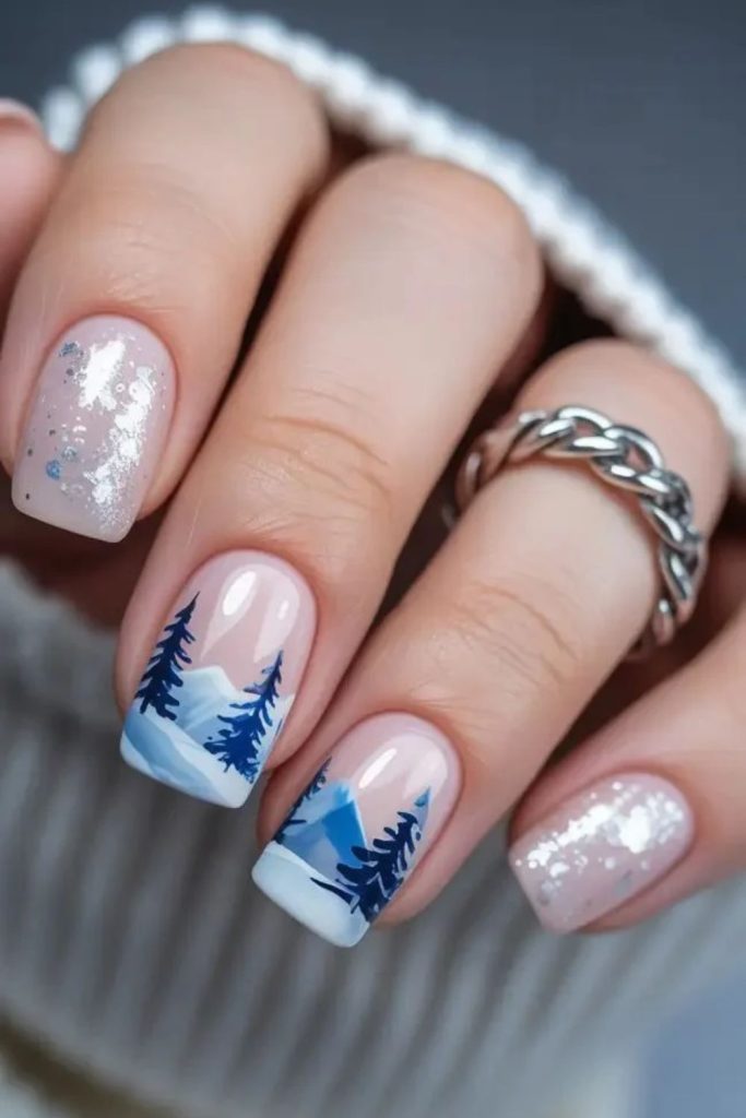 Cozy cabin French tip ski nails.