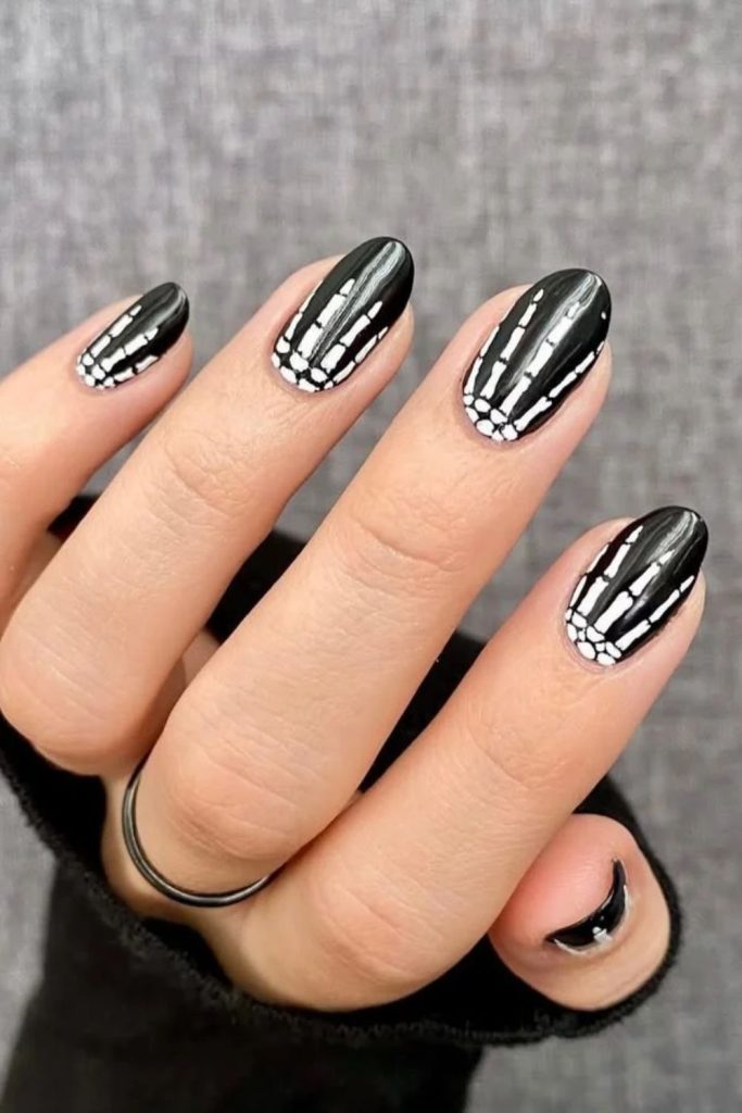 Creepy Skeleton Hand Nails on Glossy Black Background