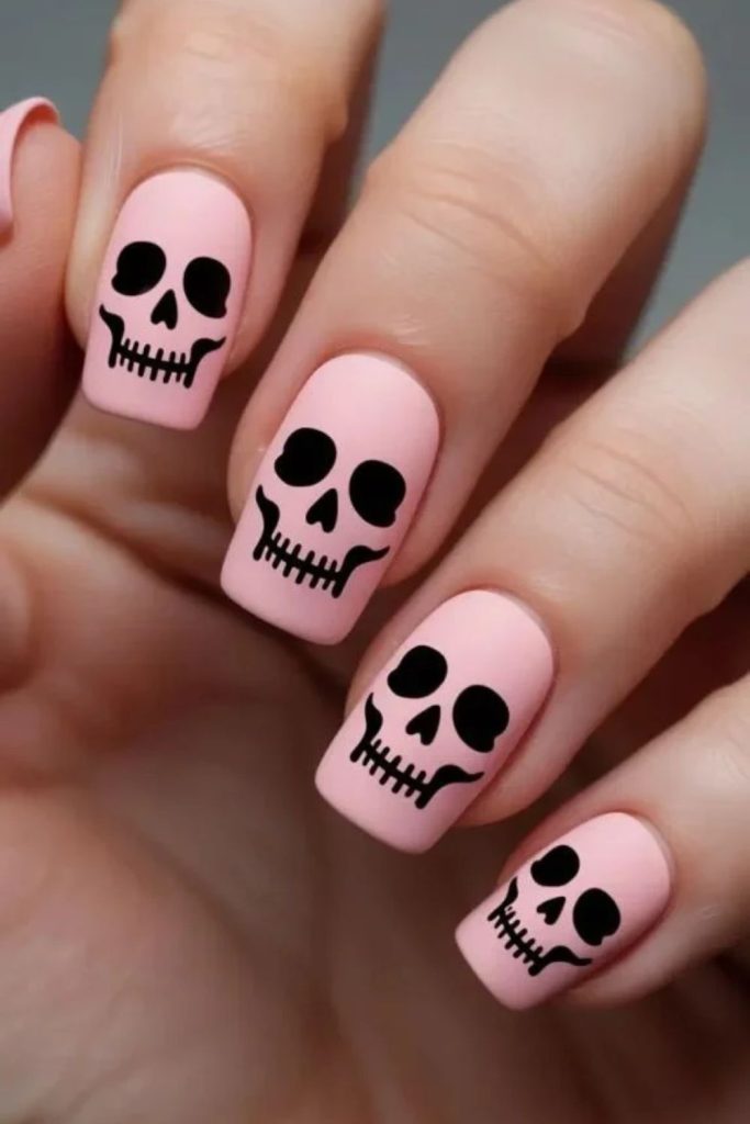Cute Cartoon Skeleton Nails with Playful Skull Characters