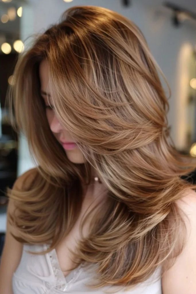 Dark brown hair with caramel reflections.