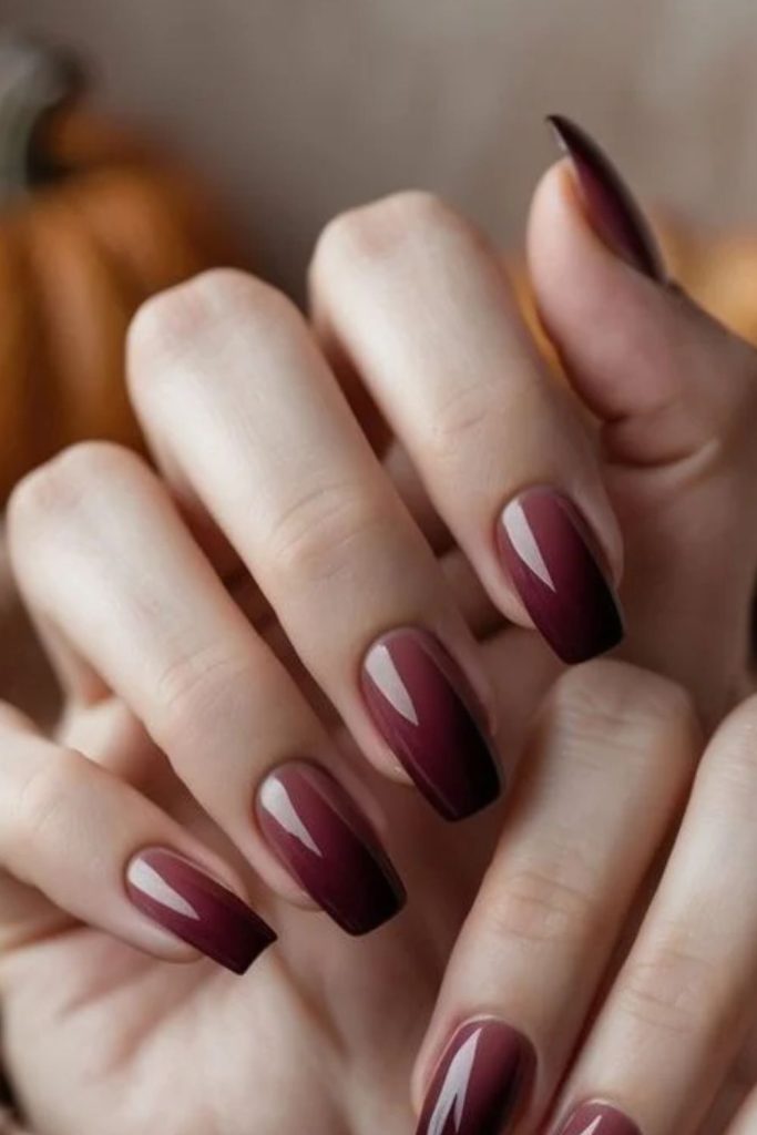 Dark cherry chocolate ombre nail design.