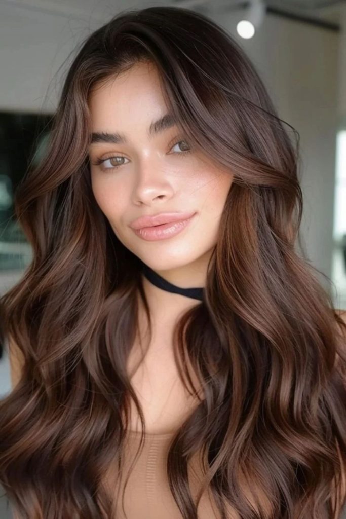 Dark chocolate hazelnut brown glossy hairstyle.