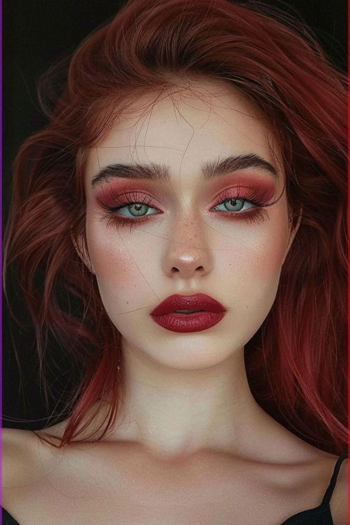 Deep cherry gothic glam makeup look.
