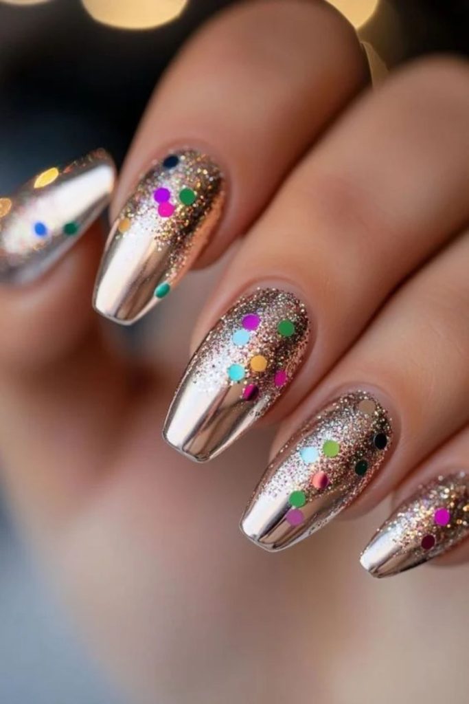 Chrome disco nails with futuristic mirror-like finishes.