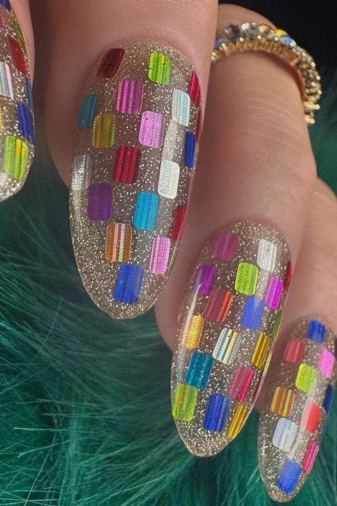 Jelly disco nails with translucent colorful finishes.