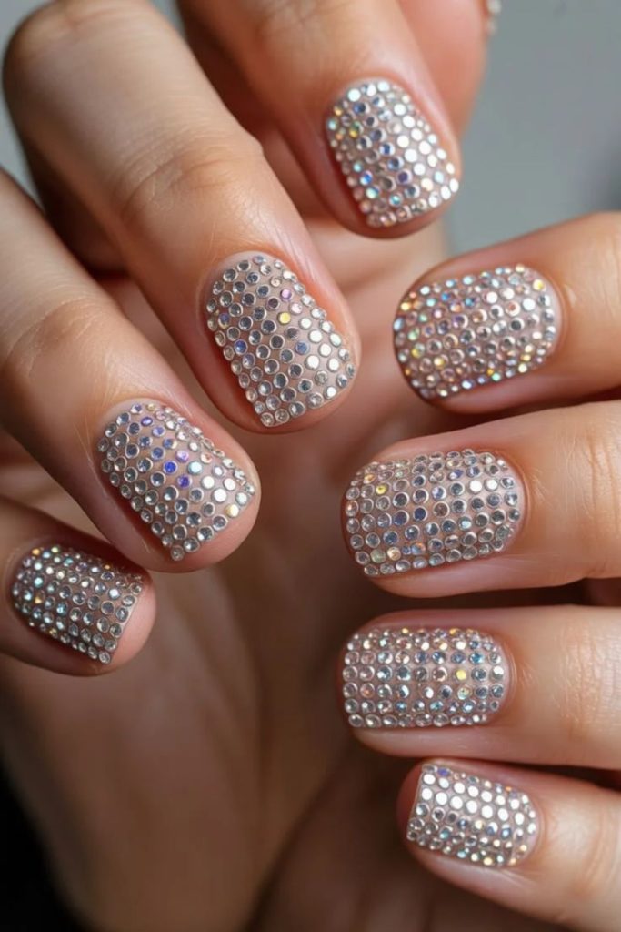 Rhinestone disco nails with dazzling crystal embellishments.
