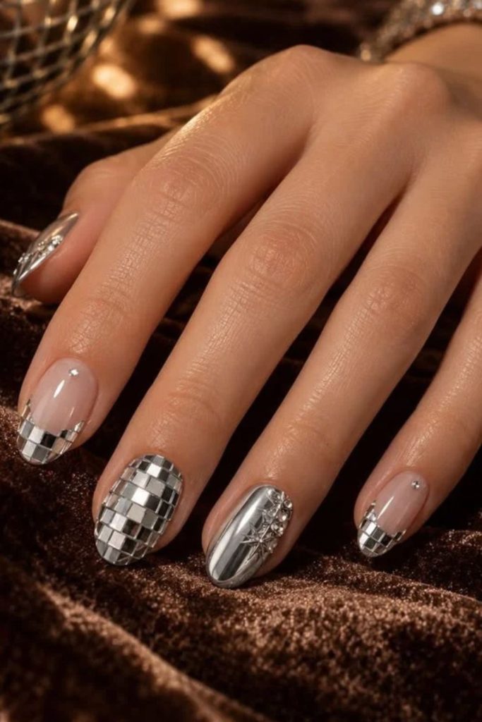 Negative space disco nails with geometric silver details.